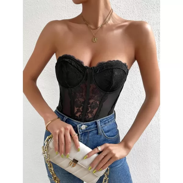 WDIRARA Women's Strapless Sheer Mesh Lace Bustier Sexy Fitted Tube Bodysuit Top