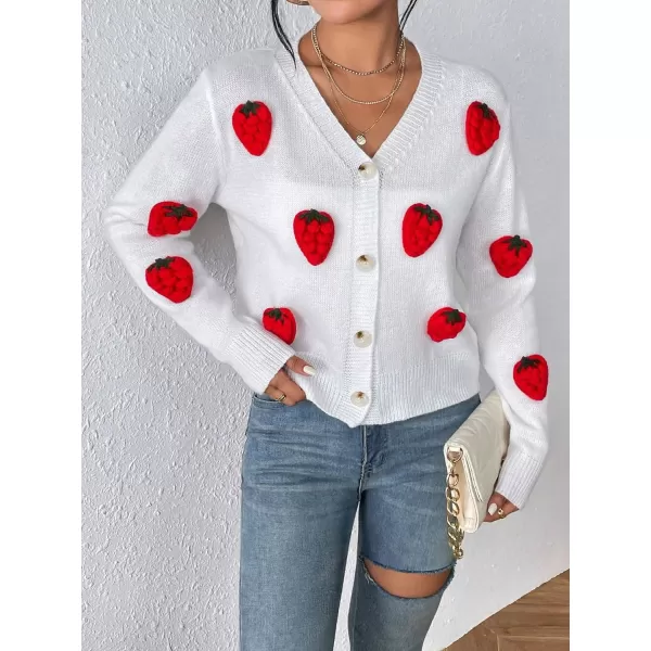 WDIRARA Women's Strawberry Printed Button Front Long Sleeve Casual Cardigan Sweaters