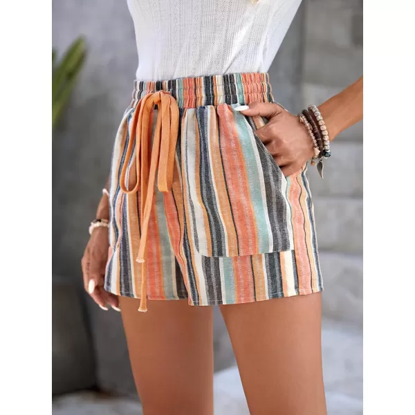 WDIRARA Women's Striped Drawstring Waist Slant Pocket Straight Leg Knot Front Elastic Waist Shorts