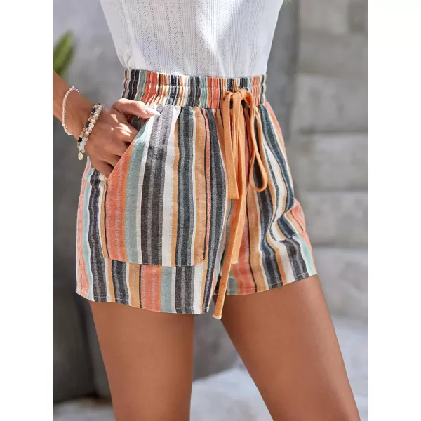 WDIRARA Women's Striped Drawstring Waist Slant Pocket Straight Leg Knot Front Elastic Waist Shorts