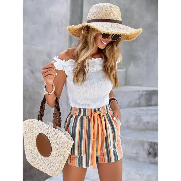 WDIRARA Women's Striped Drawstring Waist Slant Pocket Straight Leg Knot Front Elastic Waist Shorts