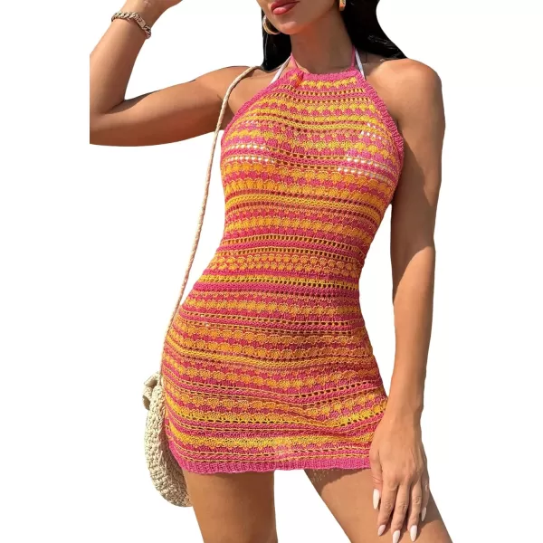 WDIRARA Women's Striped Halter Neck Bikini Cover Up Sleeveless Tie Back Slim Fit Beach Mini Dress