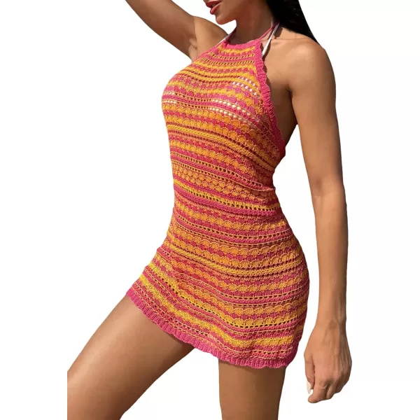 WDIRARA Women's Striped Halter Neck Bikini Cover Up Sleeveless Tie Back Slim Fit Beach Mini Dress