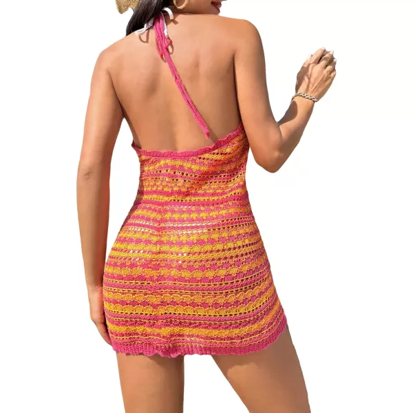 WDIRARA Women's Striped Halter Neck Bikini Cover Up Sleeveless Tie Back Slim Fit Beach Mini Dress