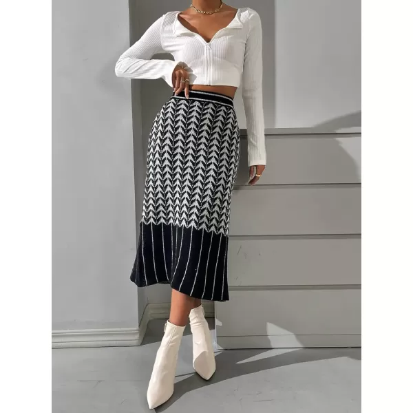 WDIRARA Women's Striped High Waisted Geo Print Chevron Knit Casual Midi Skirt