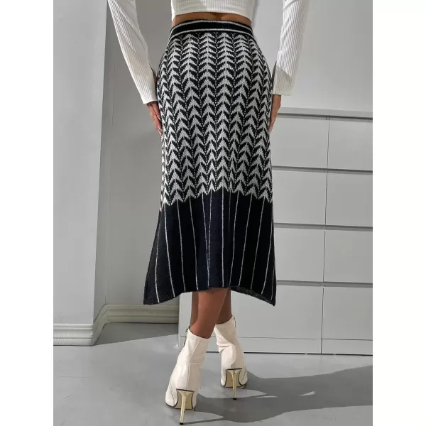 WDIRARA Women's Striped High Waisted Geo Print Chevron Knit Casual Midi Skirt