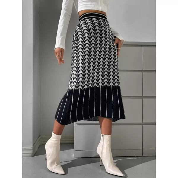 WDIRARA Women's Striped High Waisted Geo Print Chevron Knit Casual Midi Skirt