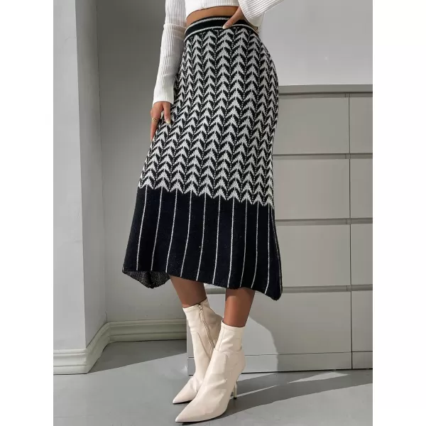 WDIRARA Women's Striped High Waisted Geo Print Chevron Knit Casual Midi Skirt