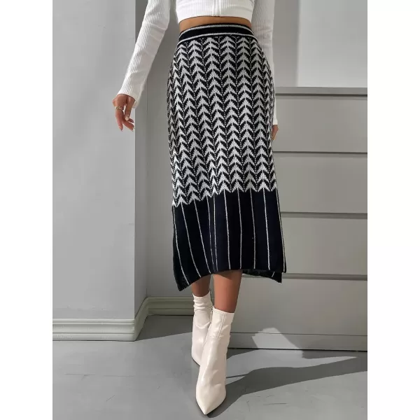 WDIRARA Women's Striped High Waisted Geo Print Chevron Knit Casual Midi Skirt