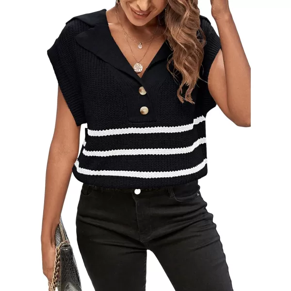 WDIRARA Women's Striped Print Button Front Knitwear Short Sleeve Lapel Neck Sweater Vest