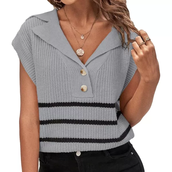 WDIRARA Women's Striped Print Button Front Knitwear Short Sleeve Lapel Neck Sweater Vest
