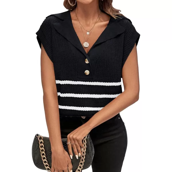 WDIRARA Women's Striped Print Button Front Knitwear Short Sleeve Lapel Neck Sweater Vest