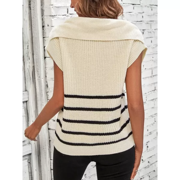 WDIRARA Women's Striped Print Button Front Knitwear Short Sleeve Lapel Neck Sweater Vest