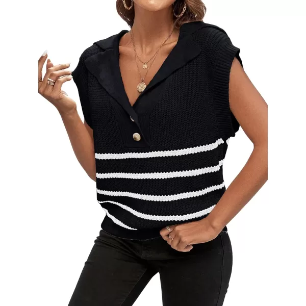 WDIRARA Women's Striped Print Button Front Knitwear Short Sleeve Lapel Neck Sweater Vest