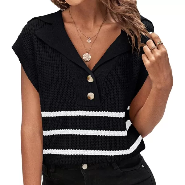WDIRARA Women's Striped Print Button Front Knitwear Short Sleeve Lapel Neck Sweater Vest