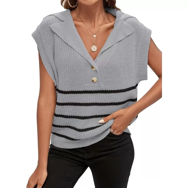WDIRARA Women's Striped Print Button Front Knitwear Short Sleeve Lapel Neck Sweater Vest