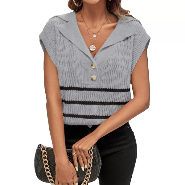 WDIRARA Women's Striped Print Button Front Knitwear Short Sleeve Lapel Neck Sweater Vest