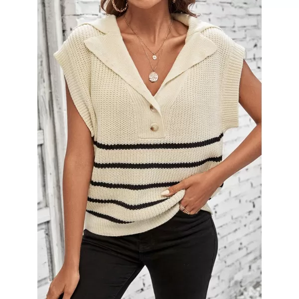 WDIRARA Women's Striped Print Button Front Knitwear Short Sleeve Lapel Neck Sweater Vest