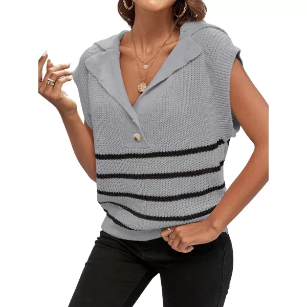 WDIRARA Women's Striped Print Button Front Knitwear Short Sleeve Lapel Neck Sweater Vest
