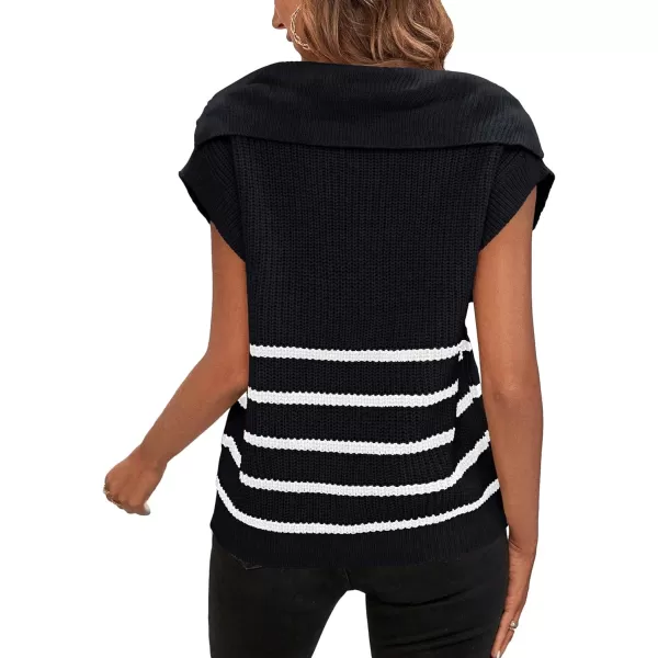 WDIRARA Women's Striped Print Button Front Knitwear Short Sleeve Lapel Neck Sweater Vest