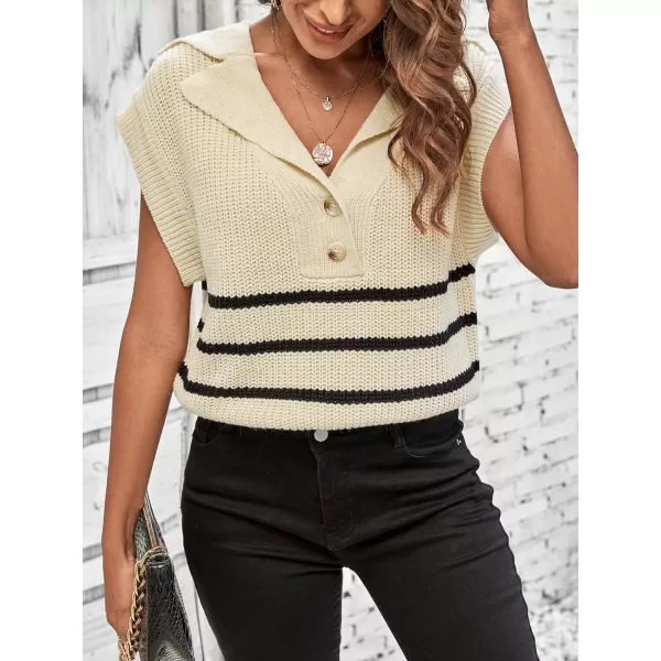 WDIRARA Women's Striped Print Button Front Knitwear Short Sleeve Lapel Neck Sweater Vest