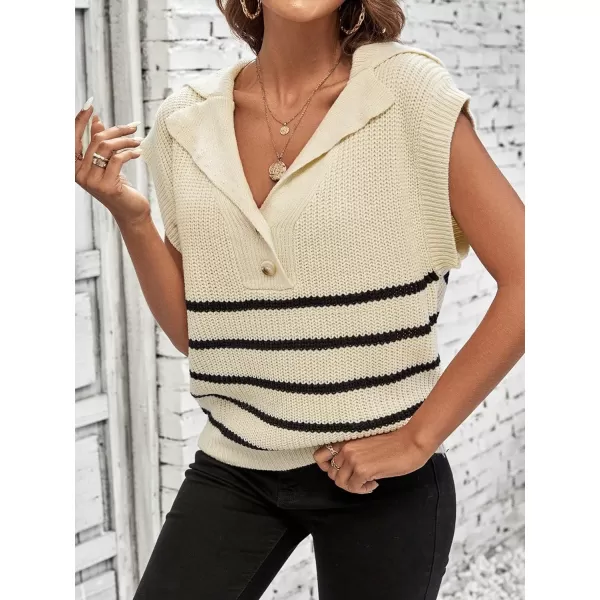 WDIRARA Women's Striped Print Button Front Knitwear Short Sleeve Lapel Neck Sweater Vest