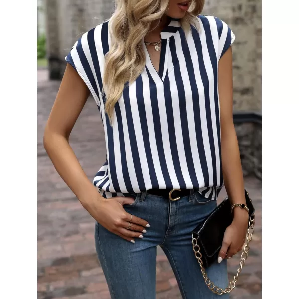 WDIRARA Women's Striped Ruffle Cap Sleeve Notched V Neck Blouse Top Shirt