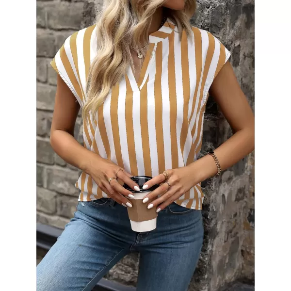 WDIRARA Women's Striped Ruffle Cap Sleeve Notched V Neck Blouse Top Shirt