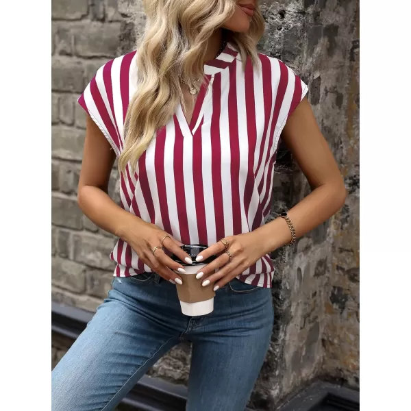 WDIRARA Women's Striped Ruffle Cap Sleeve Notched V Neck Blouse Top Shirt