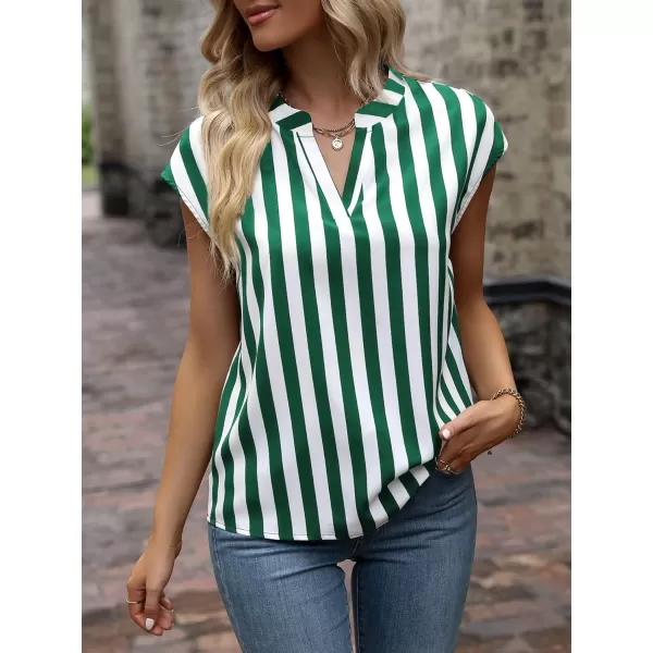 WDIRARA Women's Striped Ruffle Cap Sleeve Notched V Neck Blouse Top Shirt