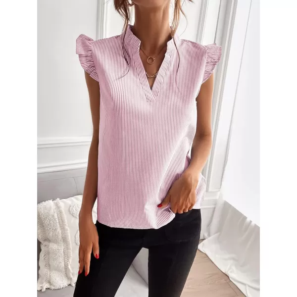 WDIRARA Women's Striped Ruffle Cap Sleeve Notched V Neck Blouse Top Shirt