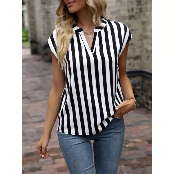 WDIRARA Women's Striped Ruffle Cap Sleeve Notched V Neck Blouse Top Shirt