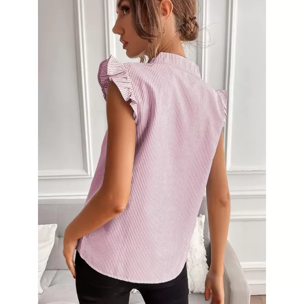 WDIRARA Women's Striped Ruffle Cap Sleeve Notched V Neck Blouse Top Shirt