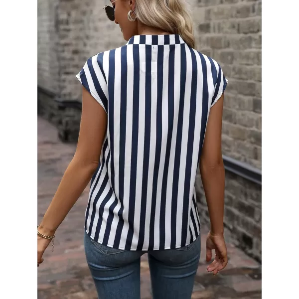 WDIRARA Women's Striped Ruffle Cap Sleeve Notched V Neck Blouse Top Shirt