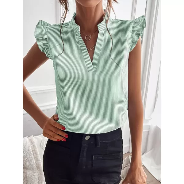 WDIRARA Women's Striped Ruffle Cap Sleeve Notched V Neck Blouse Top Shirt
