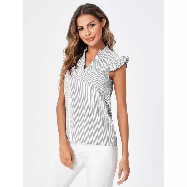 WDIRARA Women's Striped Ruffle Cap Sleeve Notched V Neck Blouse Top Shirt