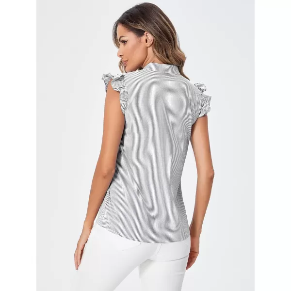 WDIRARA Women's Striped Ruffle Cap Sleeve Notched V Neck Blouse Top Shirt