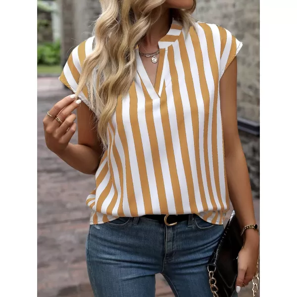 WDIRARA Women's Striped Ruffle Cap Sleeve Notched V Neck Blouse Top Shirt