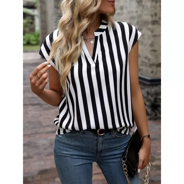 WDIRARA Women's Striped Ruffle Cap Sleeve Notched V Neck Blouse Top Shirt