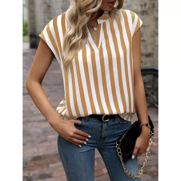 WDIRARA Women's Striped Ruffle Cap Sleeve Notched V Neck Blouse Top Shirt