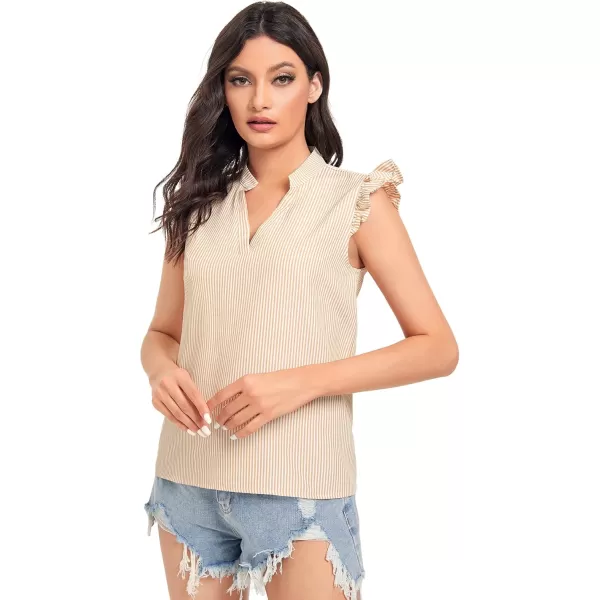 WDIRARA Women's Striped Ruffle Cap Sleeve Notched V Neck Blouse Top Shirt