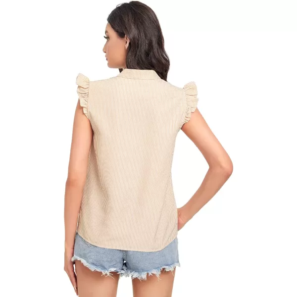 WDIRARA Women's Striped Ruffle Cap Sleeve Notched V Neck Blouse Top Shirt