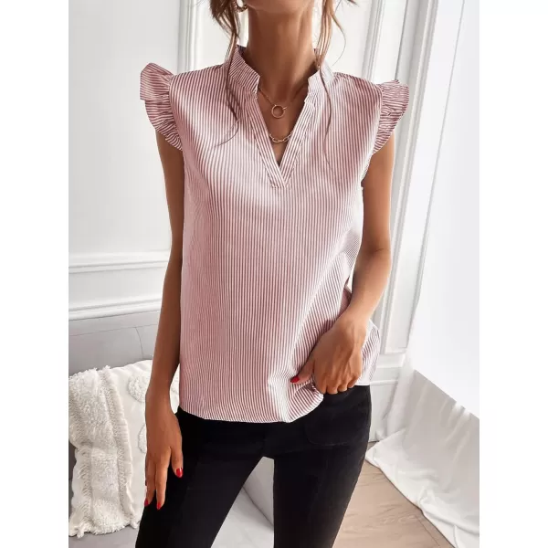 WDIRARA Women's Striped Ruffle Cap Sleeve Notched V Neck Blouse Top Shirt