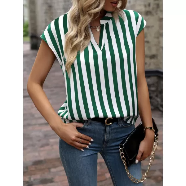 WDIRARA Women's Striped Ruffle Cap Sleeve Notched V Neck Blouse Top Shirt