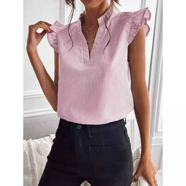 WDIRARA Women's Striped Ruffle Cap Sleeve Notched V Neck Blouse Top Shirt
