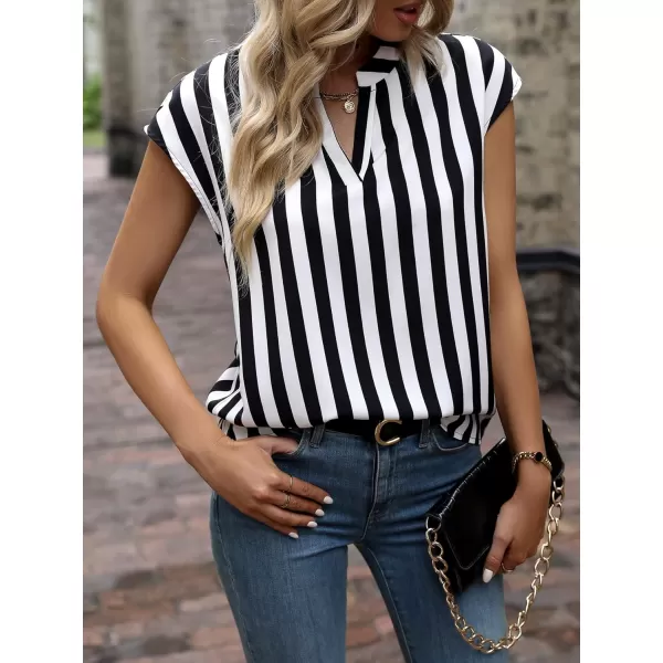 WDIRARA Women's Striped Ruffle Cap Sleeve Notched V Neck Blouse Top Shirt