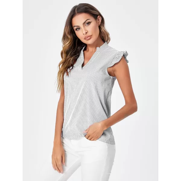 WDIRARA Women's Striped Ruffle Cap Sleeve Notched V Neck Blouse Top Shirt
