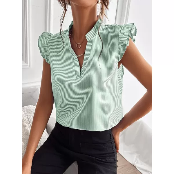 WDIRARA Women's Striped Ruffle Cap Sleeve Notched V Neck Blouse Top Shirt