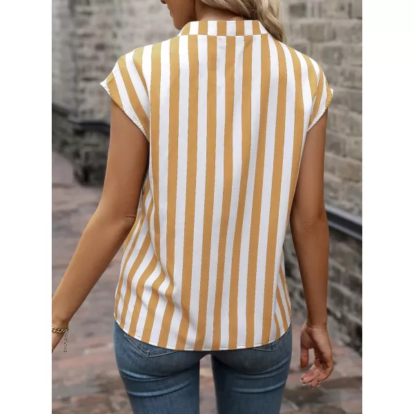 WDIRARA Women's Striped Ruffle Cap Sleeve Notched V Neck Blouse Top Shirt