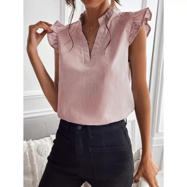 WDIRARA Women's Striped Ruffle Cap Sleeve Notched V Neck Blouse Top Shirt